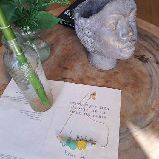 Collar de piedras en tonos verde, blanco y amarillo