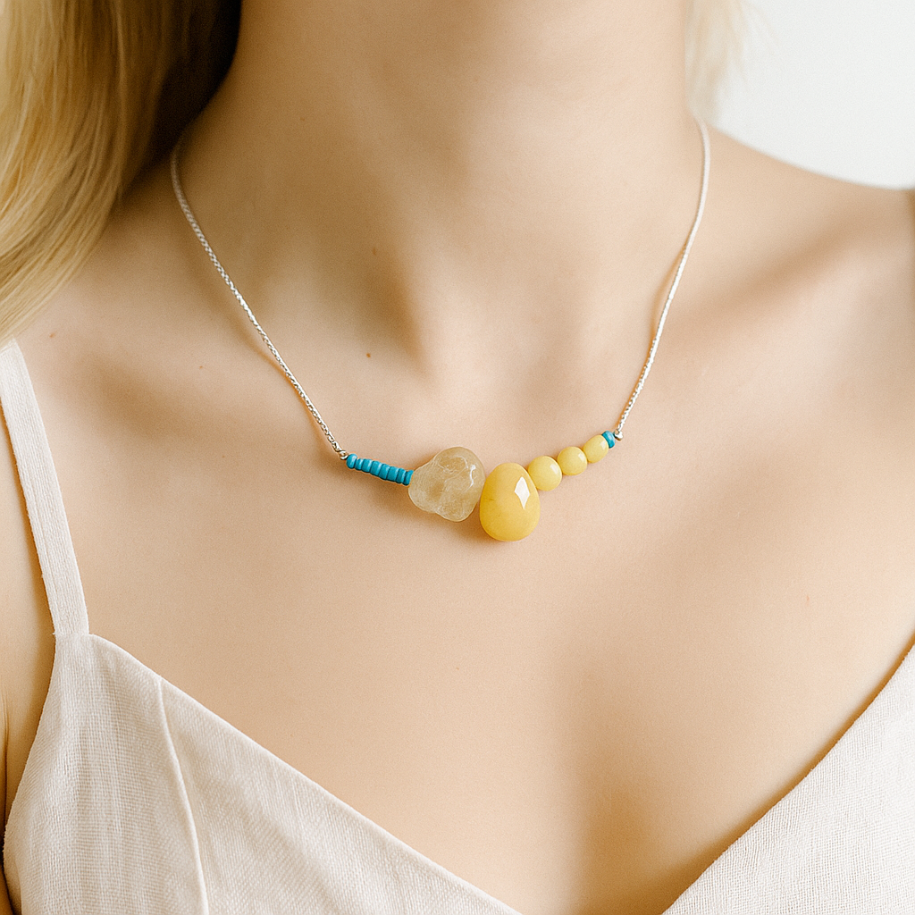 Collar con jade amarillo, turquesas y cuarzo rutilado