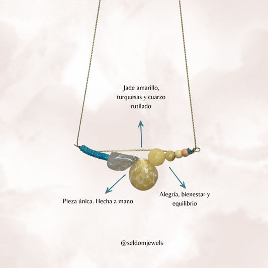 Collar cuarzo rutilado, jade amarillo y turquesas cadena dorada v2