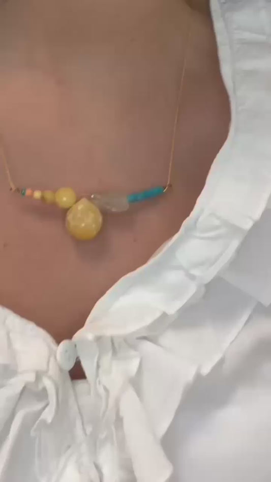 Collar cuarzo rutilado, jade amarillo y turquesas cadena dorada v2